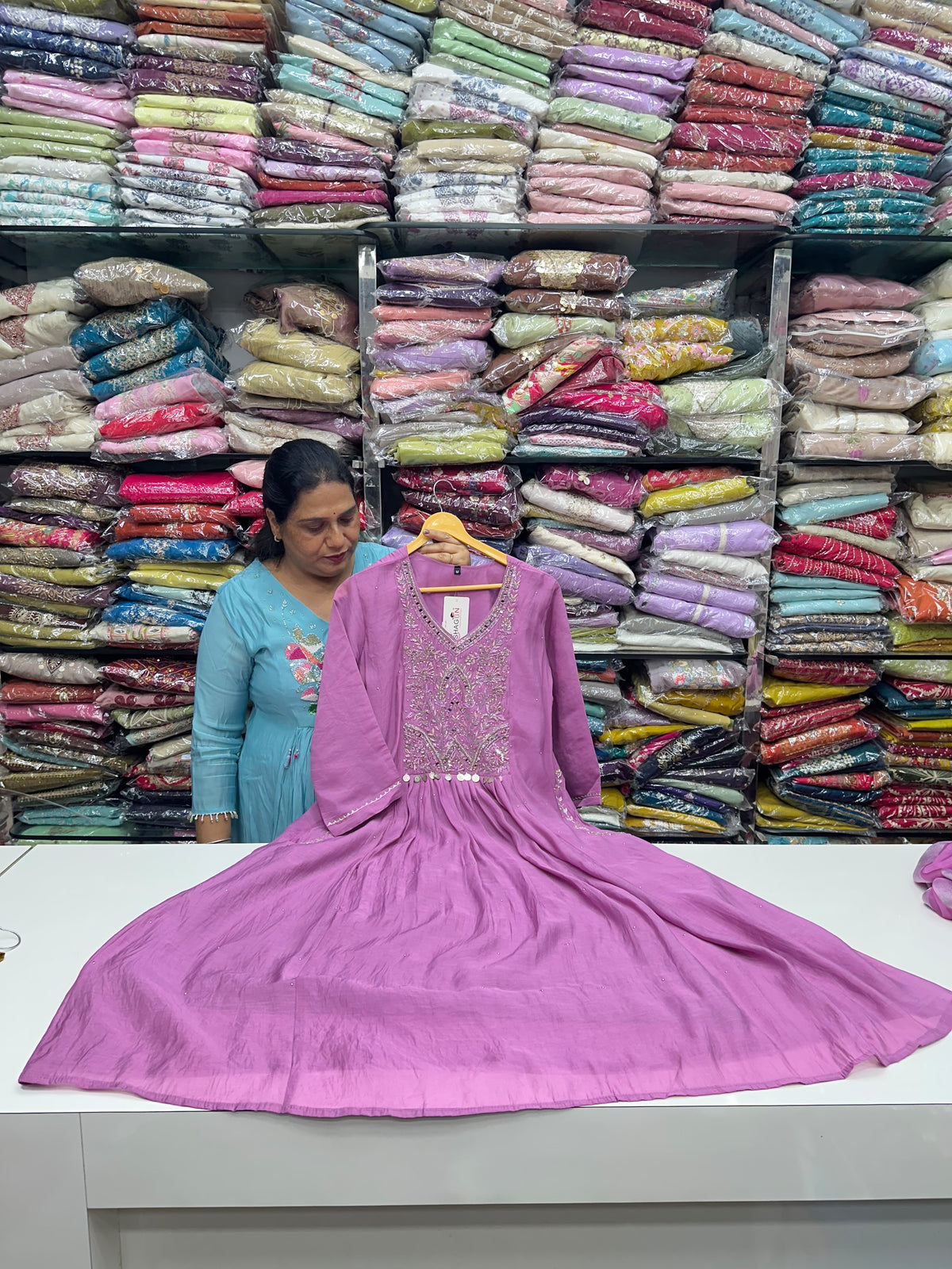 Handcrafted Mul Chanderi A-Line Kurta Set with Front Pleats, Pocket Handwork & Dupatta