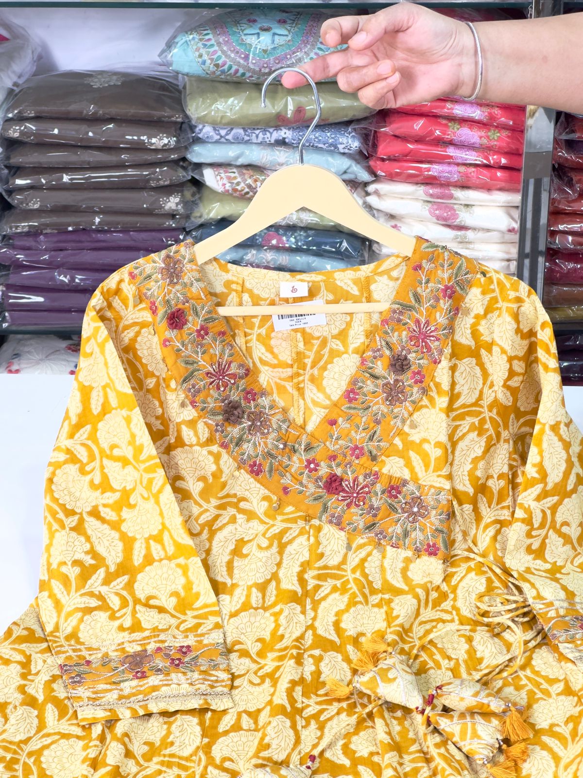 Floral Rust, Mustard Yellow Angrakha Semi Formal Embroidered Pure Cotton Full Flair Anarkali Gown With Beautiful Duppata And Bottom (RR1314-rust-mustard-yellow )