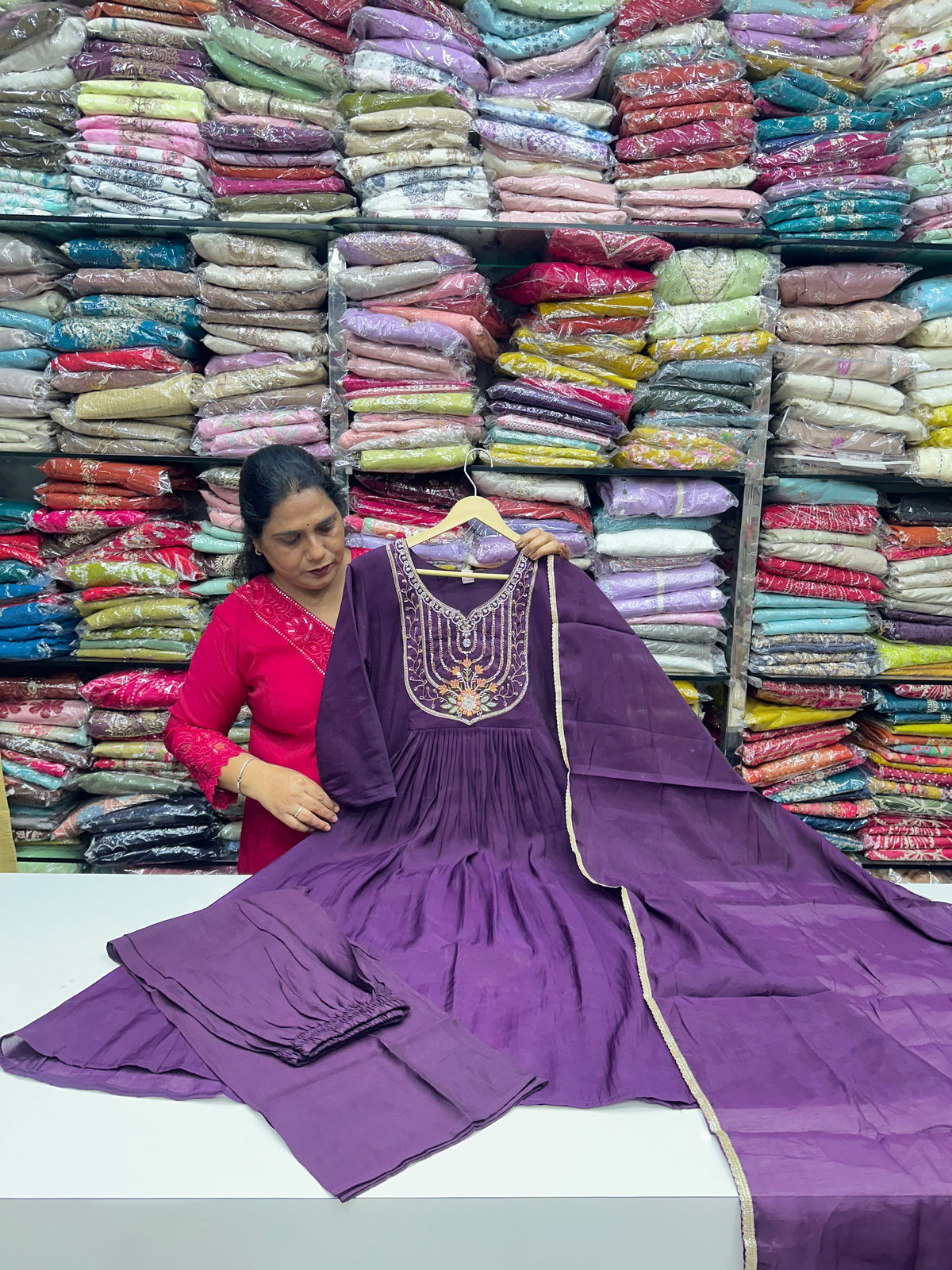 Purple Brinjal Pure Mul Chanderi 3-Piece Festive Kurta Set with Handwork & Dupatta